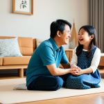 A vibrant image of a happy Asian family in a comfortable living room. A young boy, around 5 years old, with an energetic expression, sits playfully between his father and mother. A baby sister is nearby in a safe, cozy spot. All family members are fully clothed in modest, everyday attire. The room is brightly lit with warm natural light, featuring clean, modern Japanese interior design elements. The scene captures a moment of genuine connection and joy. perfect anatomy, correct proportions, natural pose, well-formed hands, proper finger count, natural body proportions, high-quality, professional photography, safe for work, appropriate content, fully clothed, family-friendly.