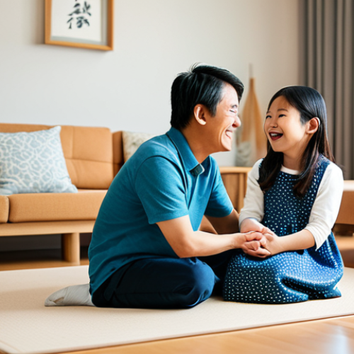 Home 11 A vibrant image of a happy Asian family in a comfortable living room. A young boy, around 5 years old, with an energetic expression, sits playfully between his father and mother. A baby sister is nearby in a safe, cozy spot. All family members are fully clothed in modest, everyday attire. The room is brightly lit with warm natural light, featuring clean, modern Japanese interior design elements. The scene captures a moment of genuine connection and joy. perfect anatomy, correct proportions, natural pose, well-formed hands, proper finger count, natural body proportions, high-quality, professional photography, safe for work, appropriate content, fully clothed, family-friendly.