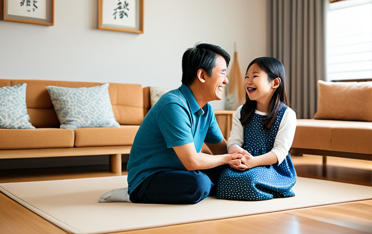 A vibrant image of a happy Asian family in a comfortable living room. A young boy, around 5 years old, with an energetic expression, sits playfully between his father and mother. A baby sister is nearby in a safe, cozy spot. All family members are fully clothed in modest, everyday attire. The room is brightly lit with warm natural light, featuring clean, modern Japanese interior design elements. The scene captures a moment of genuine connection and joy. perfect anatomy, correct proportions, natural pose, well-formed hands, proper finger count, natural body proportions, high-quality, professional photography, safe for work, appropriate content, fully clothed, family-friendly.