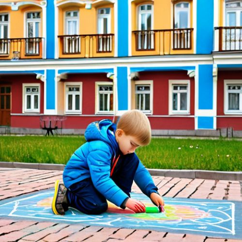 Home 6 **
"A young boy, dressed in a simple, comfortable, and fully clothed outfit suitable for playing outdoors in a typical Russian courtyard. He is drawing with chalk on the pavement, creating colorful designs. The background shows a traditional Russian apartment building with a playground in the distance. Safe for work, family-friendly, appropriate content, fully clothed, perfect anatomy, natural proportions, bright daylight, cheerful atmosphere, professional illustration."
**