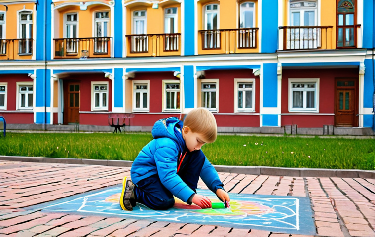**

"A young boy, dressed in a simple, comfortable, and fully clothed outfit suitable for playing outdoors in a typical Russian courtyard. He is drawing with chalk on the pavement, creating colorful designs. The background shows a traditional Russian apartment building with a playground in the distance. Safe for work, family-friendly, appropriate content, fully clothed, perfect anatomy, natural proportions, bright daylight, cheerful atmosphere, professional illustration."

**