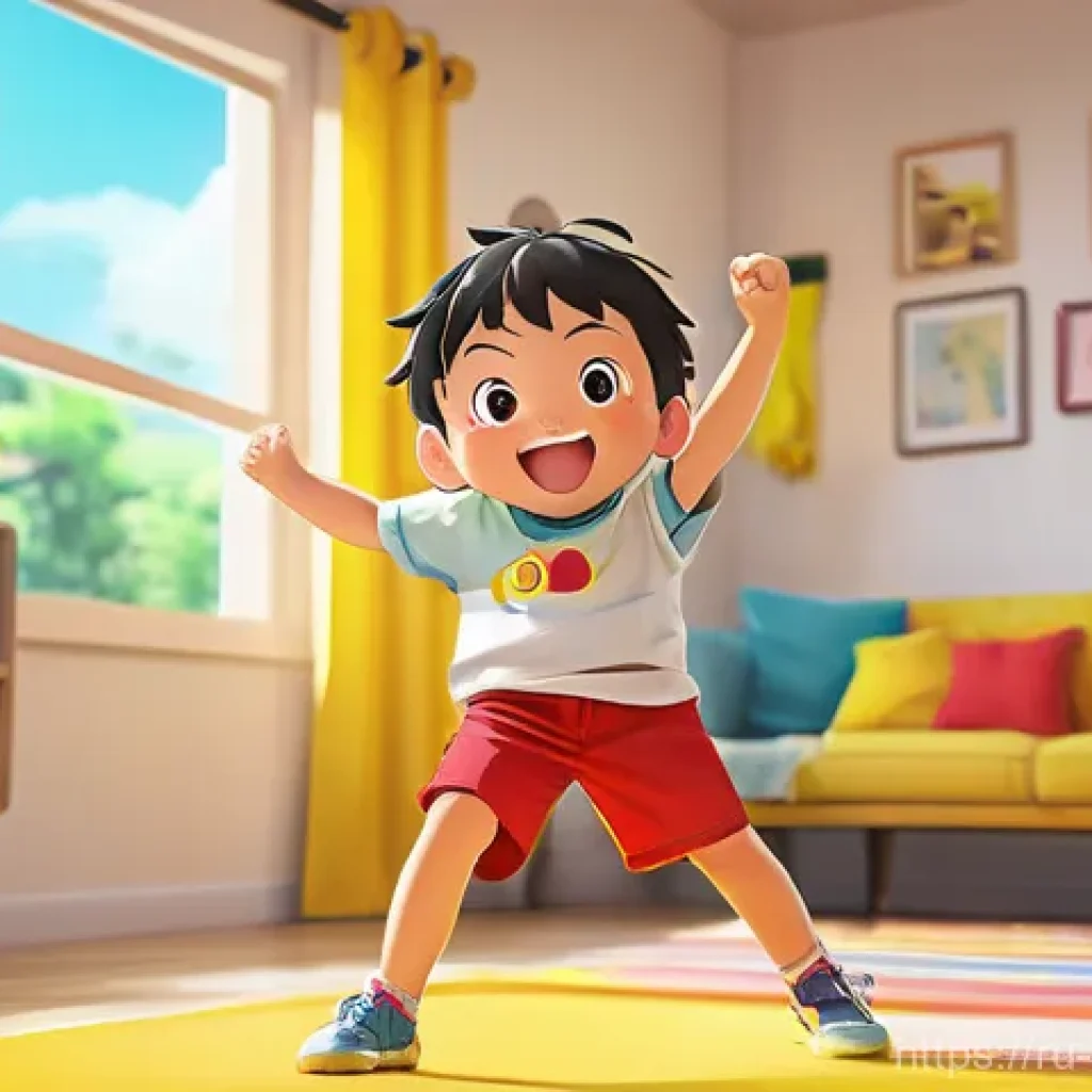 짱구와 관련된 밈과 유행어 - A cheerful and mischievous 5-year-old Shin-chan, wearing his iconic red t-shirt and yellow shorts, s...