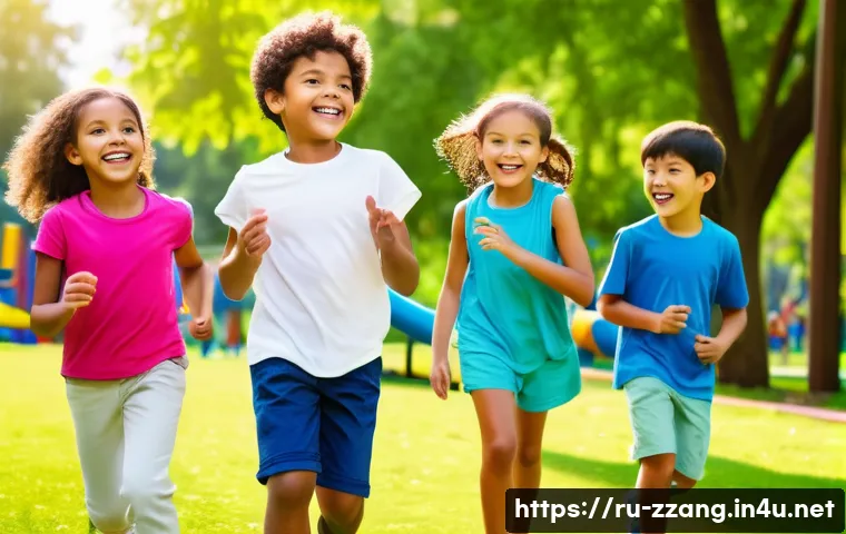 짱구의 반 친구 카스카베 방범대 멤버 - A vibrant group of diverse children playing together outdoors in a sunny park setting, each child sh...