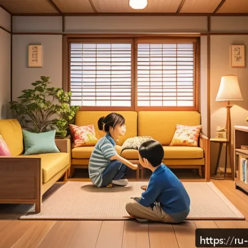 Home 30 짱구 스토리별 명장면 - A lively and colorful family scene inspired by Shin-chan, featuring a playful young boy wearing casu...