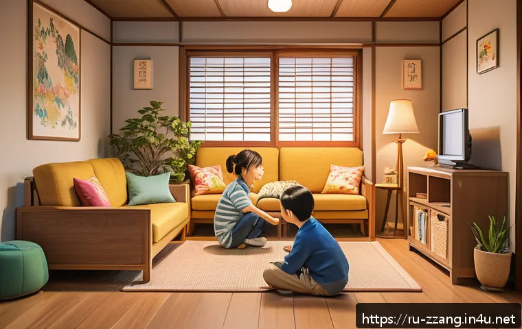 짱구 스토리별 명장면 - A lively and colorful family scene inspired by Shin-chan, featuring a playful young boy wearing casu...