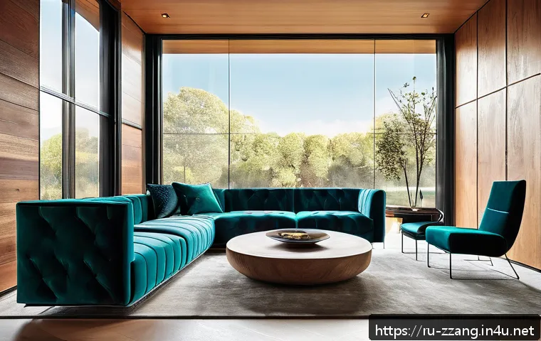 짱구의 집 구조와 설정 - A modern living room interior bathed in natural daylight streaming through large windows, showcasing...